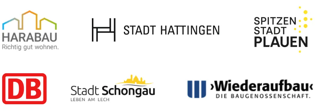 Collage aus den Logos der Großkunden: Harabau, Stadt Hattingen, Stadt Plauen, DB, Stadt Schongau, Wiederaufbau die Baugenossenschaft