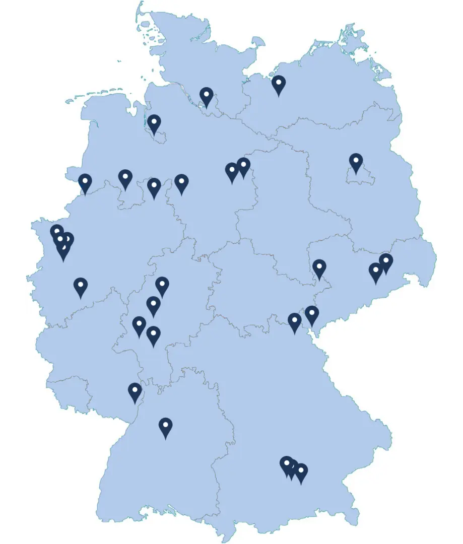Landkarte von Deutschland mit Markierungen als geografische Übersicht über die Kunden von Fahrradschiene